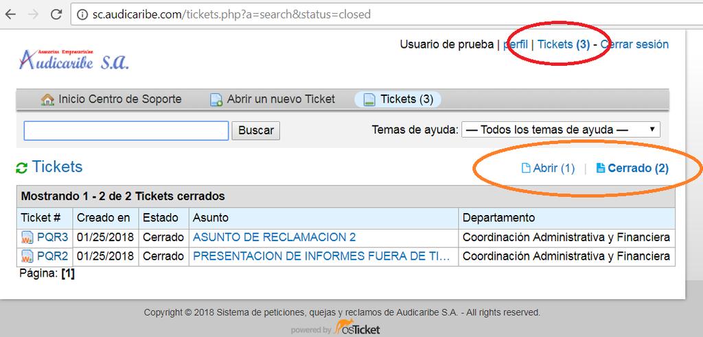 PÁGINA: 18/35 El colaborador puede consultar sus solicitudes cerradas, dando un clic sobre el enlace Cerrado (círculo naranja de la imagen anterior) y seleccionando el ticket deseado.