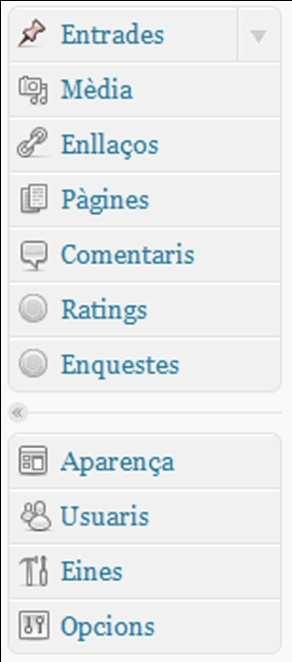 aparença del bloc i la gestió d usuaris d aquest: Entrades: ens mostra el llistat d entrades (articles) publicats o pendents de publicar al nostre bloc.