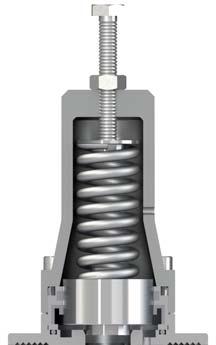 Válvula normalmente abierta Sin presión aguas-abajo la VRCD FF es una válvula normalmente abierta, el pistón es empujado hacia abajo por la fuerza del resorte superior.