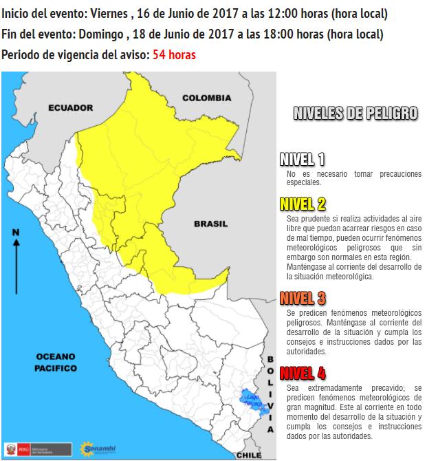 SEGUNDO BOLETÍN N 254/ 15-JUNIO-2017 / HORA: 5:00 PM Última información Temperaturas máximas en la selva se incrementarán el fin de semana Desde mañana hasta el domingo 18 de junio, se incrementará