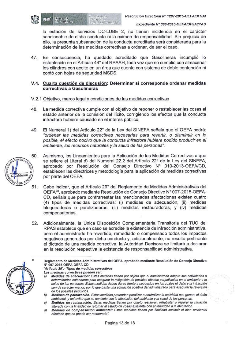 Resolución Directora/ N 1287-2015-0EFAIDFSA/ la estación de serv1c1os DC-LUBE 2, no tienen incidencia en el carácter sancionable de dicha conducta ni la eximen de responsabilidad.