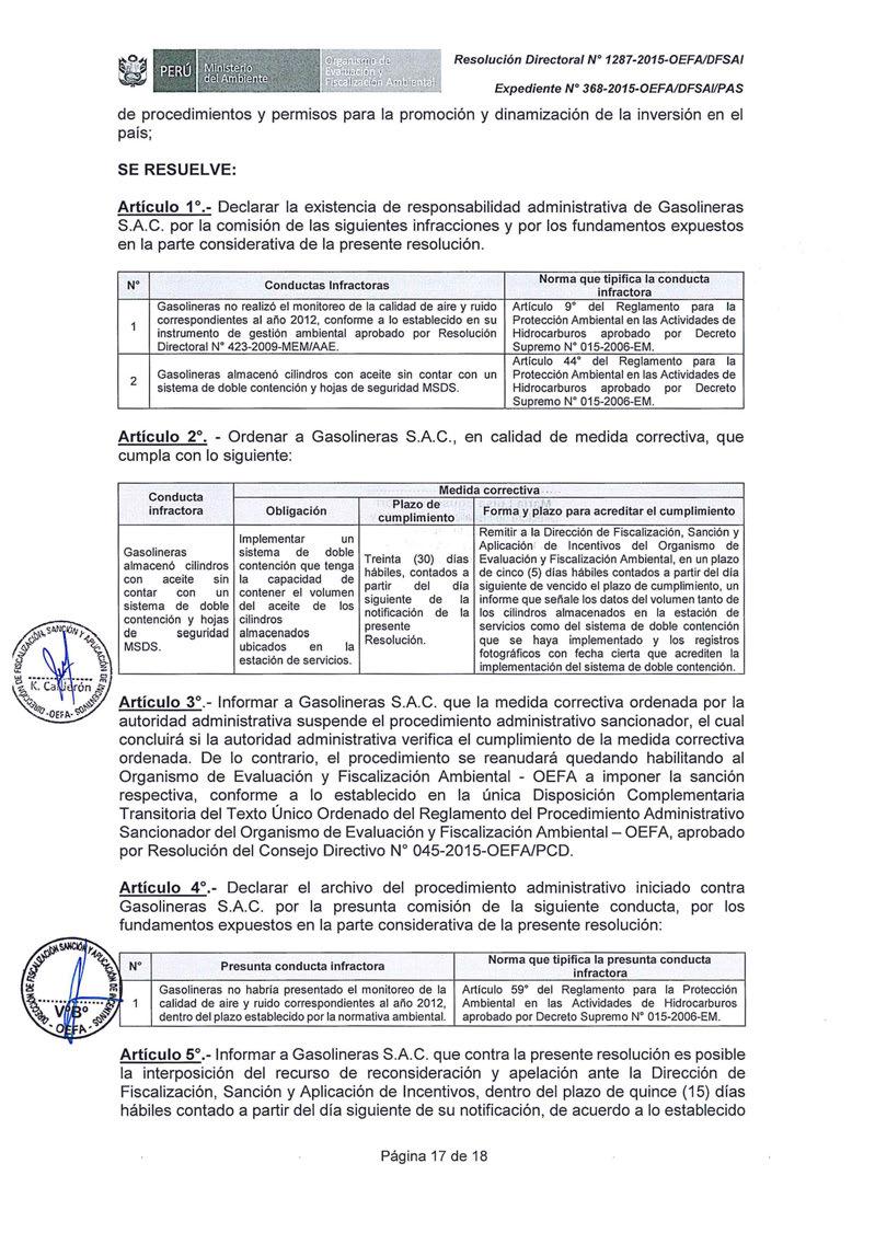 Resolución Directora/ Nº 1287-2015-0EFAIDFSAI de procedimientos y permisos para la promoción y dinamización de la inversión en el país; SE RESUELVE: Artículo 1 º.
