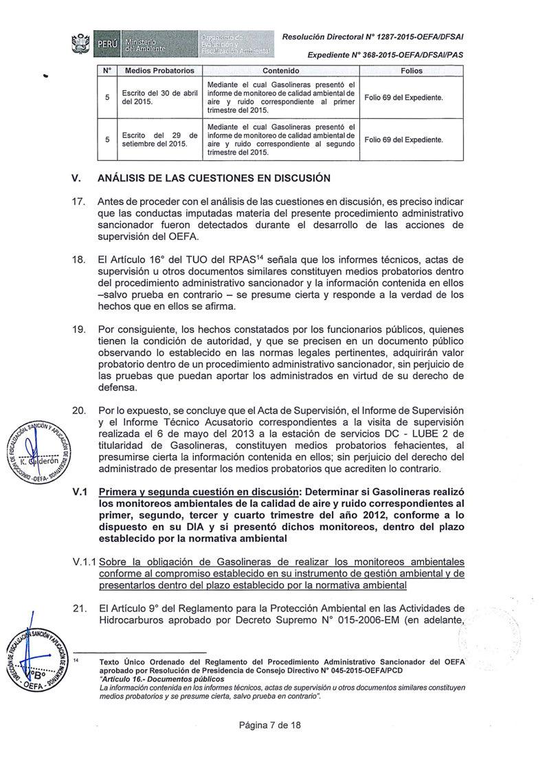 Resolución Directora/ Nº 1287-2015-0EFAIDFSA/ Nº Medios Probatorios 5 Escrito del 30 de abril del 2015.