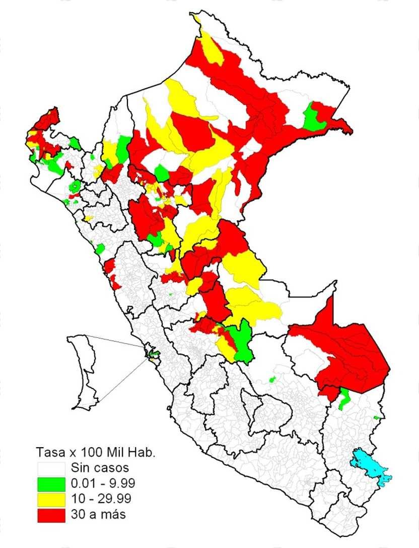 Casos de dengue por departamentos Perú 2013* DEPARTAMENTOS Número de casos Confirmados Probables Total Incidencia x 1000 % Muertes Mapa de incidencia de dengue por distritos Perú 2013* LORETO 1962