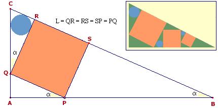 De donde L = c sin(α) 1+sin(α) cos(α) que corresponde al lado del primer cuadrado que deseamos inscribir, siendo c = AB el cateto sobre el que se apoya el vértice