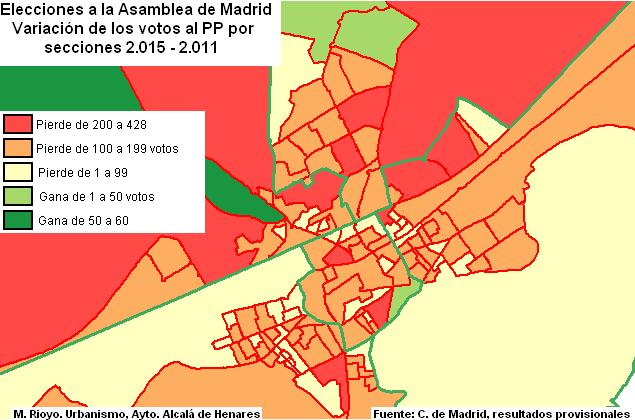 El primer mapa muestra la variación de los votos obtenidos por el PP respecto a los que tuvo en 2.011.