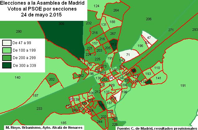 PSOE Los mapas muestran los votos obtenidos por el PSOE en cada sección,