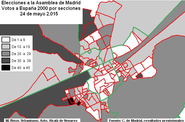 España 2000 Los mapas muestran los votos obtenidos por España 2000 en las elecciones a la Asamblea de Madrid, en le segundo aparecen los datos concretos de la mayor parte de las