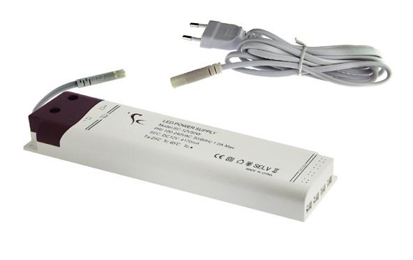 L Transformador LED, diseño ultrafino con caja de conexiones internas. Incluye cable de red de 2 metros y conector hv. Descripción V W Medidas (largo,ancho,alto) L.09 L.5 L.20 L.