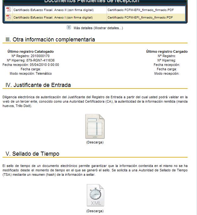Al finalizar el proceso de envío de la documentación, la aplicación devuelve un justificante del registro de entrada del Gobierno de Canarias con el siguiente diseño, en el que figuran los datos