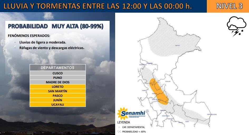 Pronósticos del tiempo según SENAMHI Continúan las lluvias de ligera intensidad en la sierra centro y sur del país afectando a los departamentos de Apurímac, Cusco, Arequipa, Junín, Huancavelica y
