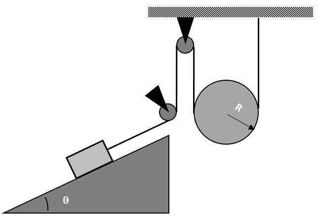 El coeficiente de rozamiento entre el bloque y el plano es µe = 0,32, en tanto que µd = 0,30. onsidere que la polea es un cilindro uniforme de 90 N de peso y radio R = 30 cm. R θ Problema N 19.
