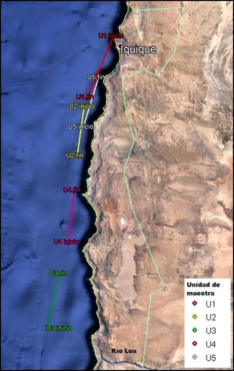 Figura 4. Mapa del recorrido en la zona de pesca con 5 unidades de muestra para los censos de aves marinas.