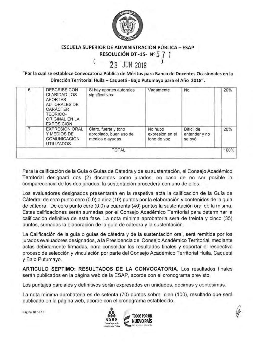 ESCUELA SUPERIOR DE ADMINISTRACIÓN PÚBLICA - ESAP ( RESOLUCIÓN DT -15- N2 5 7 1-2 8. JUN 2018 Dirección Territ orial Huila - Caquet á - Bajo Putumayo para el Año 2018".