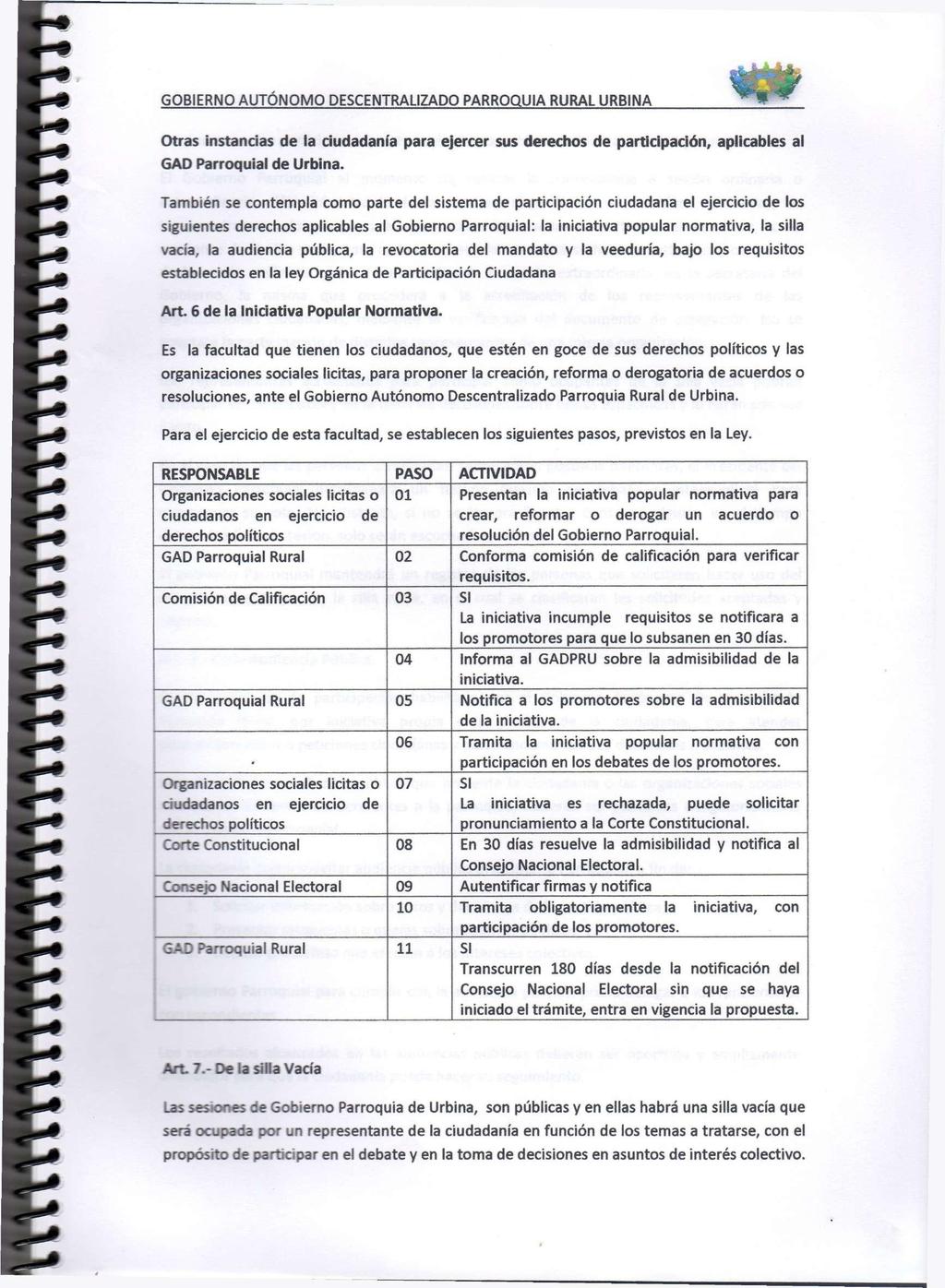 Otras instancias de la ciudadanía para ejercer sus derechos de participación, aplicables al GAD Parroquial de Urbina.