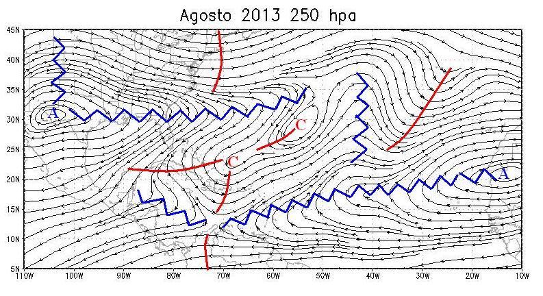 4 Resumen Meteorológico Figura 1.2.2. Patrón promedio de la circulación del viento en el nivel atmosférico de 5 hpa y 85 hpa de agosto de 213.