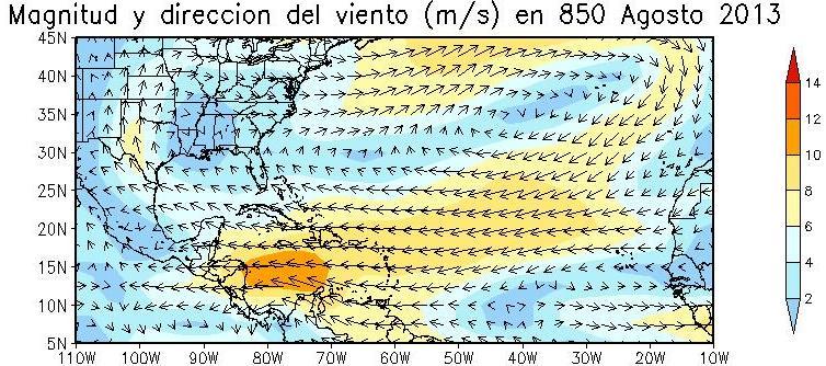 5 Resumen Meteorológico Figura 1.3. Velocidad del viento (m/s) promedio para agosto del 213 en el nivel de 85 hpa sobre la cuenca del Atlántico. Fuente: Reanálisis NCEP/NCAR. 1.4.