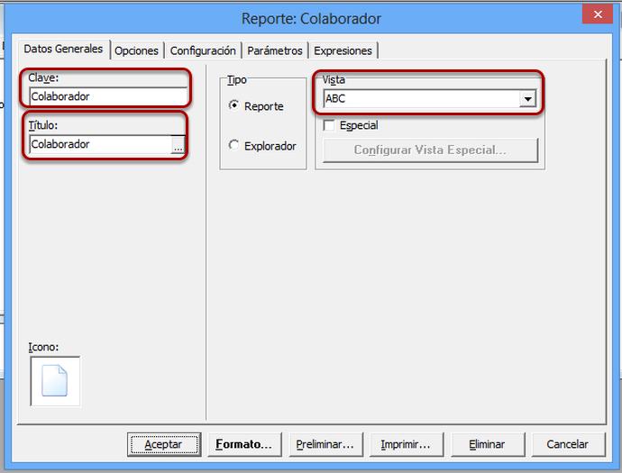Para crear un reporte de forma virtual, posicionarse en la pestaña Datos Generales y llenar los siguiente campos: 1. Clave. Asignar una clave al reporte que se pretende crear. 2. Título.