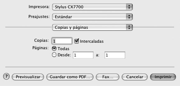 4. Haga clic en OK para cerrar la ventana Ajustar página. 5. Abra el menú Archivo y seleccione Imprimir. Aparecerá una ventana como ésta: Seleccione Stylus CX7700. Seleccione Ajustes impresión. 6.