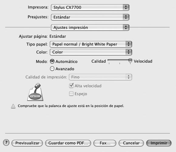 Disposición: seleccione las opciones de composición. Opciones de impresión (sólo para OS X 10.2.x o 10.3): guarde el trabajo de impresión como archivo PDF. En OS X 10.4.x, haga clic en el botón PDF.