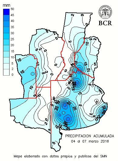 Para estos recientes días, 8 y 9 de marzo, es para destacar las lluvias que se produjeron en el norte argentino, con registros de hasta 40 a 50 mm, como en Las Breñas.