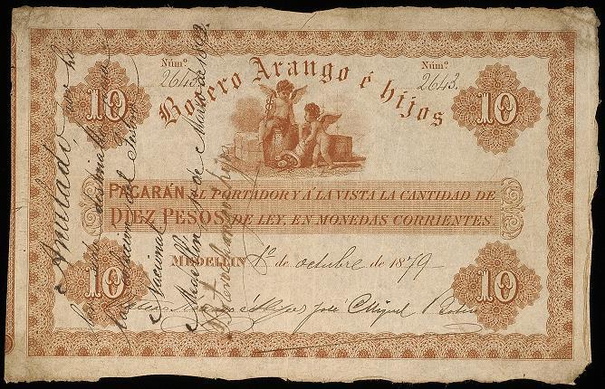 Diez pesos: igual leyenda que los anteriores. Sin serie. Fechado el 1 de octubre de 1879. Numerado a mano. Tiene dos firmas.