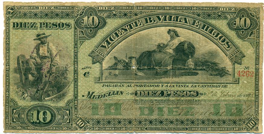 Diez pesos: fechado el 1 de julio de 1895, corresponden a la serie C. son de un tamaño generoso. Vicente B.
