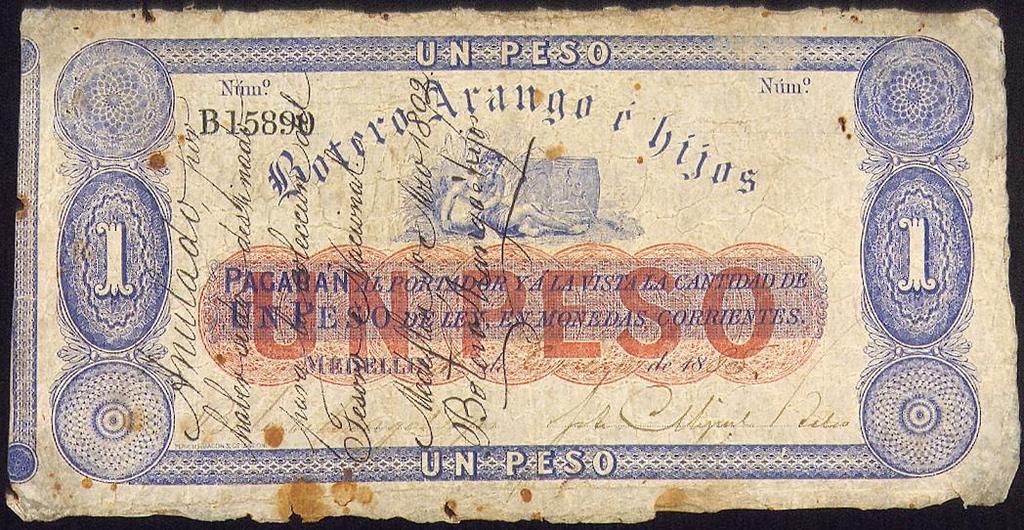 Un peso: igual texto que el anterior. Serie B, cinco dígitos, dos firmas. Fechado en Medellín, en 1885.