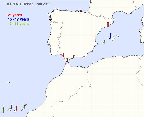 Observed mean sea level trends (REDMAR TG s: 1992-2013) Larger trends in the Med & Canaries. >5 mm/yr everywhere, except at Northern sites.