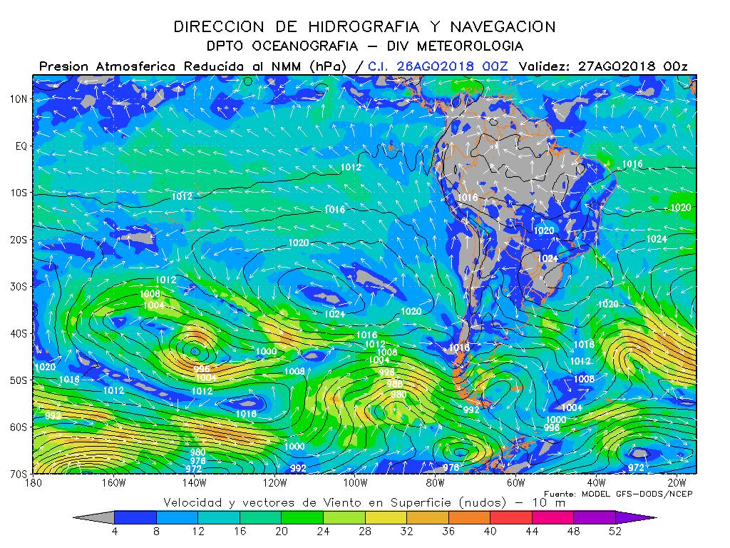 Para el 26 y 27 de agosto el sistema de alta presión (APSO) muestra el incremento de su presión hasta 1032 hpa y acercamiento a las costas de Sudamerica, generando incremento en el campo de viento