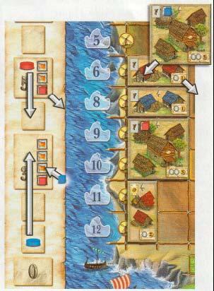 Ejemplo: El jugador rojo tiene 5 puntos de comercio y puede poner dos cubos de puntos de victoria. El jugador azul desplaza un edificio rojo.