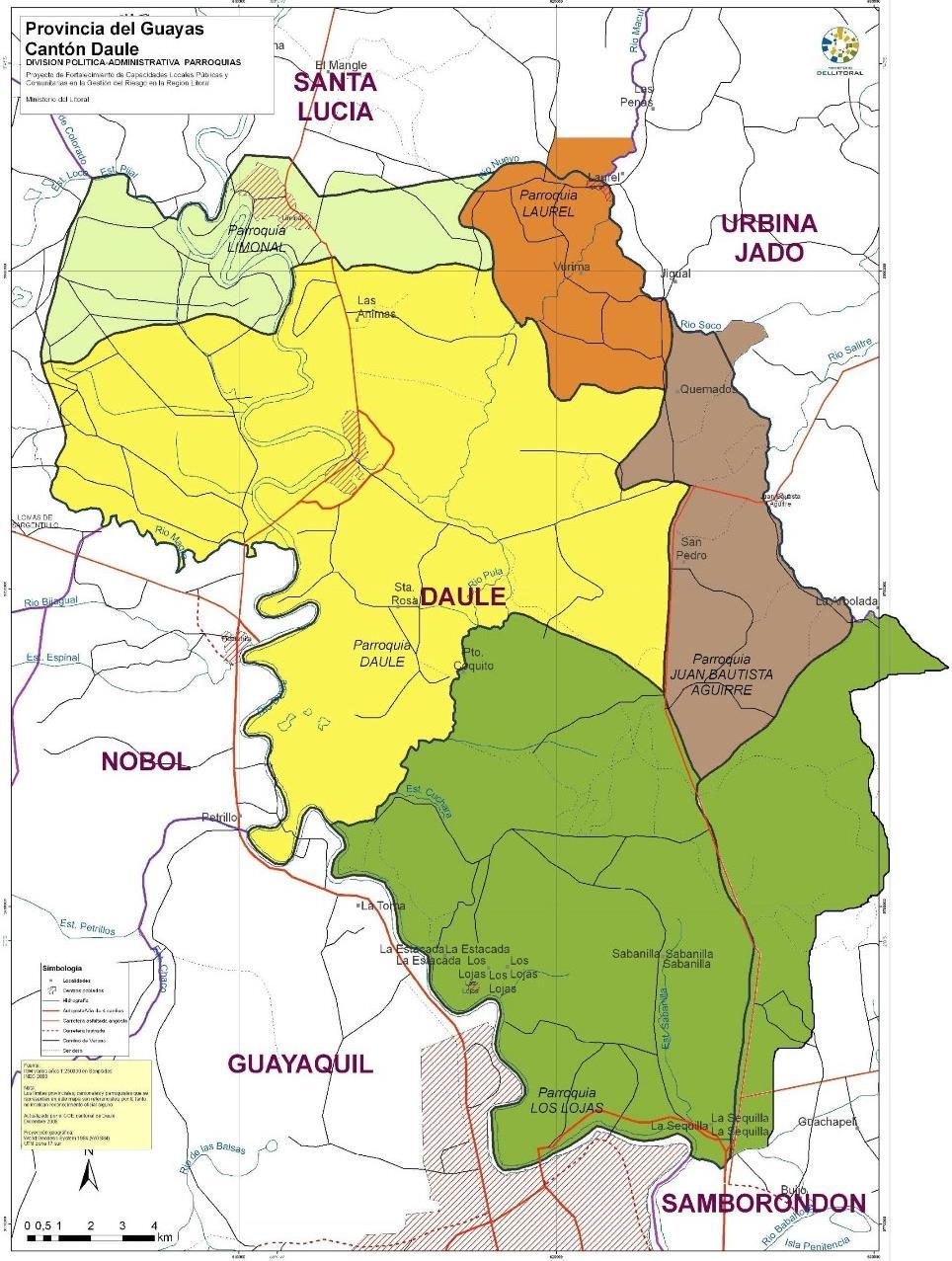 Figura 1.- Mapa de división política administrativa de parroquias del Cantón Daule Fuente: http://www.daule.gob.ec/en-us/nuestrocanton/generalidades.