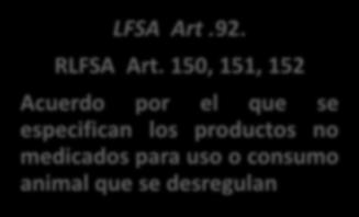 150, 151, 152 Acuerdo por el que se especifican los productos no medicados para uso o consumo animal que se desregulan LFSA Art. 92.