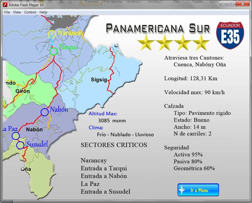 Fig. 62 Escena de la Vía Panamericana Sur Fuente: Los autores En esta ventana se puede ver la información de los sectores de