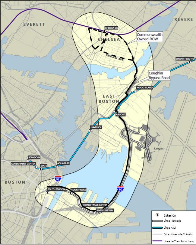 Alternativas Conecta a la Estación South Station, el área del Seaport, East Boston, la Línea Azul y Chelsea Nueva ruta de la Línea Plateada no provee servicio a las terminales de