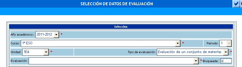 Figura 16 Selección de los datos de evaluación El proceso que debes seguir para introducir las calificaciones para la evaluación del alumnado cuando llegues a la pantalla anterior es el siguiente: 1.