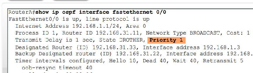 OSPF en redes de accesos múltiples Prioridad de interfaz OSPF Manipulación del proceso de selección de DR y BDR (continuación) Use el comando ip ospf priority interface Ejemplo: