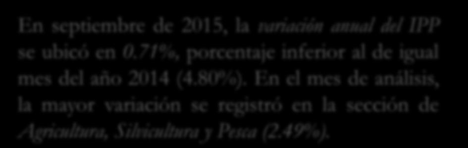 4.0 3.0 VARIACIÓN MENSUAL DEL IPP NACIONAL (Porcentajes) En septiembre de 2015, la variación anual del IPP se ubicó en 0.71%, porcentaje inferior al de igual mes del año 2014 (4.80%).