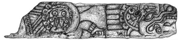 Vista Hermosa Pieza que muestra la representación frontal de Tláloc con anteojeras, bigotera y dos colmillos.
