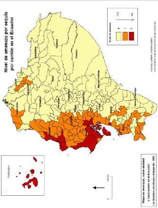 encontrarse en la zona sombreada con rojo (valoración de 2 ); mientras que la zona sombreada de amarillo claro representa un grado de amenaza por sequías bajo con una valoración de 0.