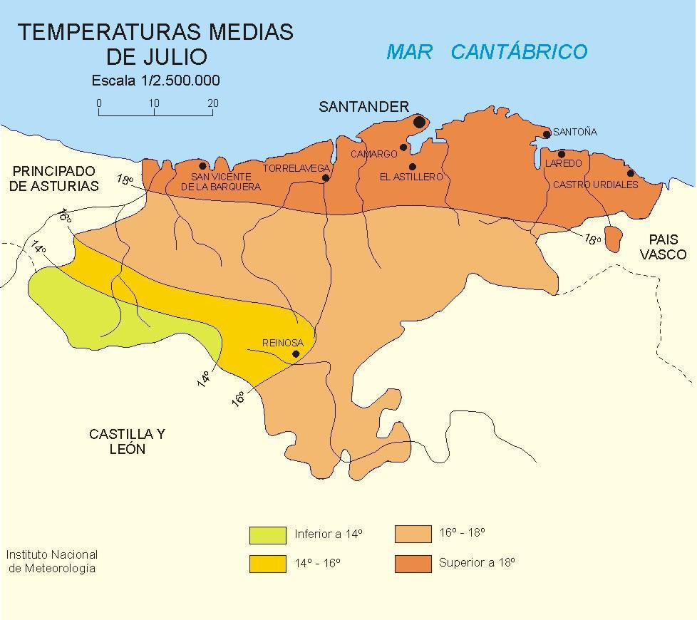 Figura 3. Temperaturas medias de julio 5.2.2. Hidrología Hidrológicamente, el Besaya es parte del sistema Saja-Besaya, cuya cuenca tiene una extensión de 1.050 km 2.
