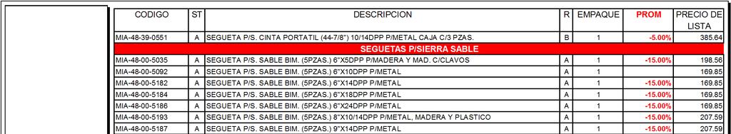 MIA-48-39-0551 A SEGUETA P/S. CINTA PORTATIL (44-7/8") 10/14DPP P/METAL CAJA C/3 PZAS. B 1-5.00% 385.64 SEGUETAS P/SIERRA SABLE MIA-48-00-5035 A SEGUETA P/S. SABLE BIM. (5PZAS.