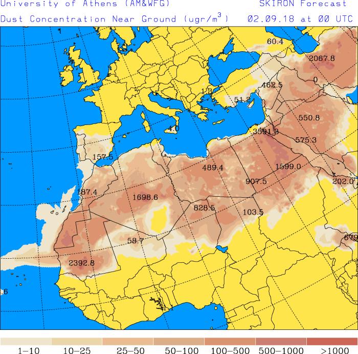 Concentración de polvo (μg/m 3 ) predicha por el modelo SKIRON para los días 1, 2 y 3 de septiembre de 2018 a las 00 UTC y a las 12 UTC Universidad de Atenas.