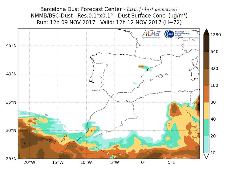 El modelo NMMB/BSC-Dust prevé también la presencia de masas de aire africano a nivel de superficie sobre las islas Canarias para los días 11 y 12 de noviembre.