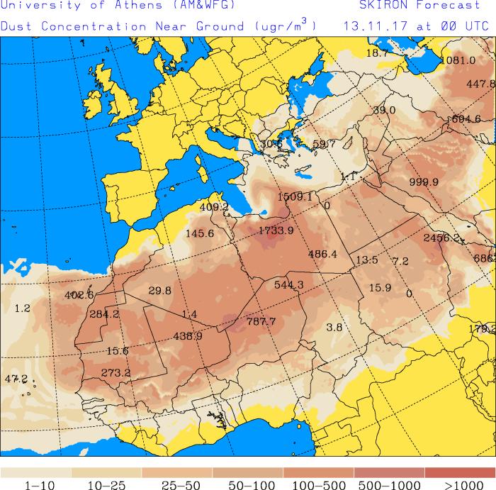 Concentración de polvo (μg/m 3 ) predicha por el modelo SKIRON para los días 11, 12 y 13 de noviembre de 2017 a las 00 UTC y a las 12 UTC Universidad de Atenas.