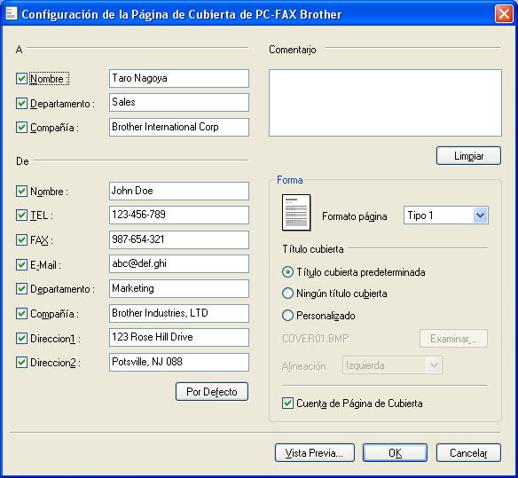 Software de envío PC-FAX de Brother (Para FAX-2940) Incluir cabecera Para agregar la información de cabecera que ha introducido en la ficha Información de Usuario de la parte superior de los faxes