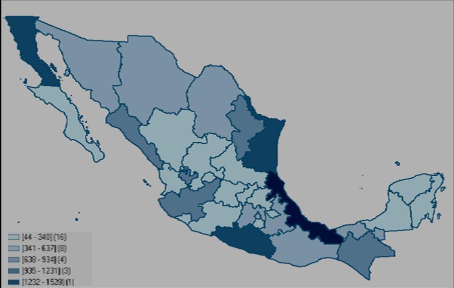 Fig. 1. Número de casos nuevos de tuberculosis pulmonar en México en 2006.