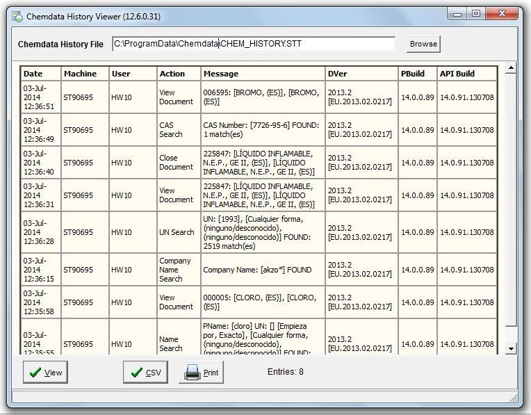 Visualización del historial Chemdata mantiene un historial de las últimas 1024 acciones llevadas a cabo que se pueden visualizar con el programa Chemdata History Viewer (Visor de historial de