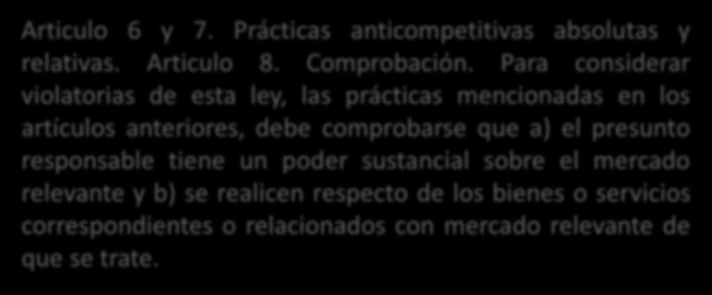 Articulo 6 y 7. Prácticas anticompetitivas absolutas y relativas. Articulo 8. Comprobación.