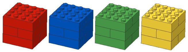 El robot selecciona los 4 Residuos de entre 8 Residuos situados en 8 Áreas de residuos. Los Residuos están representados por cubos LEGO pequeños y grandes, de color rojo, azul, verde y amarillo.